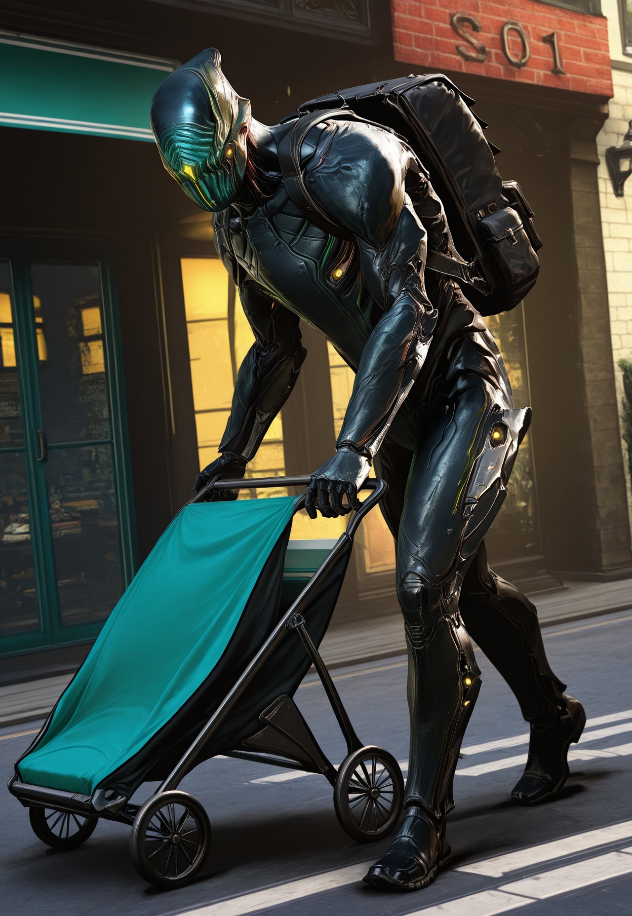 solo, male focus. stroller, walking, [hunched over], street, backpack, storefront,
StalkerWF, no humans, black body, (green mask:0.8), eyeless, glowing green,
dynamic angle,
realistic, 3d, (kornod:0.5),
masterpiece, best quality, absurdres, [detailed background, very aesthetic]
