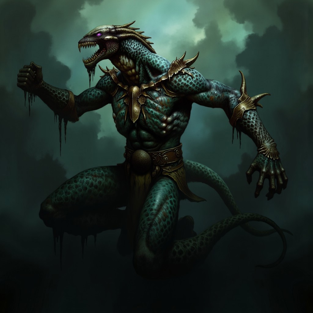 first person pov, 3D01S, simple background atmospheric and powerful dark fantasy, natural organic and first person pov of a berserk style creature
Emerging from murky waters, the Stalker is a twisted, serpentine creature with a muscular, elongated body covered in dark emerald and black, mottled scales. Its sleek form tapers into a coiled, serpentine tail that moves silently beneath the surface. Sharp, jagged fins run along its back like deadly spines, adding to its lethal presence. The Stalker's upper body rises menacingly, humanoid yet grotesque, with a broad, muscular torso rippling with strength. Massive arms extend from its sides, ending in skeletal, webbed claws tipped with razor-sharp talons, designed to tear through prey with ease.
Its head is a monstrous blend of merman and reptile, with a wide, grinning maw filled with rows of needle-like teeth. Above its mouth, glowing violet eyes pierce the gloom, filled with cold malice. The head’s angular ridges give it an almost skull-like appearance, further enhanced by tendrils dangling from its chin. Its armored back drips with sickly slime, and its entire presence exudes primal danger, a predator honed for ambush and brutal assaults.
UHD letterboxed game trailer frame chromatic aberration dark atmosphere sharp masterpiece with a focus on the character, elden ring style, dark atmosphere, chromatic aberration