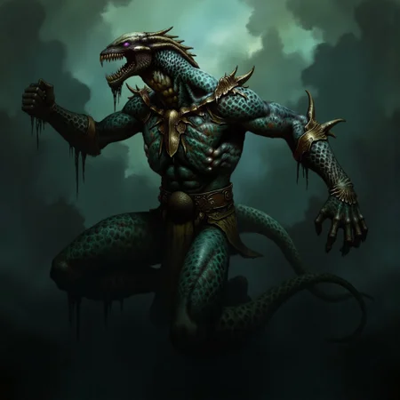 first person pov, 3D01S, simple background atmospheric and powerful dark fantasy, natural organic and first person pov of a berserk style creature
Emerging from murky waters, the Stalker is a twisted, serpentine creature with a muscular, elongated body covered in dark emerald and black, mottled scales. Its sleek form tapers into a coiled, serpentine tail that moves silently beneath the surface. Sharp, jagged fins run along its back like deadly spines, adding to its lethal presence. The Stalker's upper body rises menacingly, humanoid yet grotesque, with a broad, muscular torso rippling with strength. Massive arms extend from its sides, ending in skeletal, webbed claws tipped with razor-sharp talons, designed to tear through prey with ease.
Its head is a monstrous blend of merman and reptile, with a wide, grinning maw filled with rows of needle-like teeth. Above its mouth, glowing violet eyes pierce the gloom, filled with cold malice. The head’s angular ridges give it an almost skull-like appearance, further enhanced by tendrils dangling from its chin. Its armored back drips with sickly slime, and its entire presence exudes primal danger, a predator honed for ambush and brutal assaults.
UHD letterboxed game trailer frame chromatic aberration dark atmosphere sharp masterpiece with a focus on the character, elden ring style, dark atmosphere, chromatic aberration