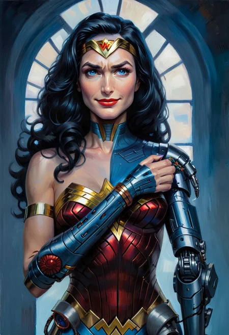 w4rh4mm3r style oil painting, grimdark, portrait of a beautiful woman with cybernetic arm, wonder woman,DCAU, , diana,black hair,blue eyes,smile,long hair,(insanely detailed, masterpiece, best quality) solo,<lora:wonderwomanIJ-11:0.8>,