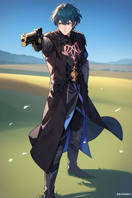 score_9, score_8_up, score_7_up, score_6_up, source_anime, 1boy, male focus, solo <lora:mbyleth-pdxl-nvwls-v1-000005:1> defmByl, dark blue hair, short hair, blue eyes, hair between eyes, black cape, black armor, black coat, black pants, gauntlets, black gloves, <lora:YusufDikecGunPose_pdxl_Incrs_v1:1> holding weapon, holding gun, handgun, hand in pocket, aiming, field, blue sky