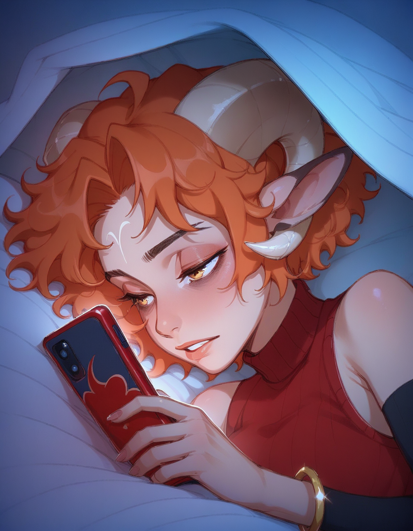 score_9, score_8_up, score_7_up, score_6_up,
Oveniya, red wavy short hair, fair skin, red turtleneck top, single gold bracelet on her wrist, sleeveless, black removable sleeves, horns
ph0n3, holding phone, lying, half-closed eyes, looking at the phone, under the covers, bags under the eyes
 <lora:ph0n3XLP_r1:1>
 <lora:Oveniya_XL:0.9>
 <lora:cfg_scale_boost:0.4>