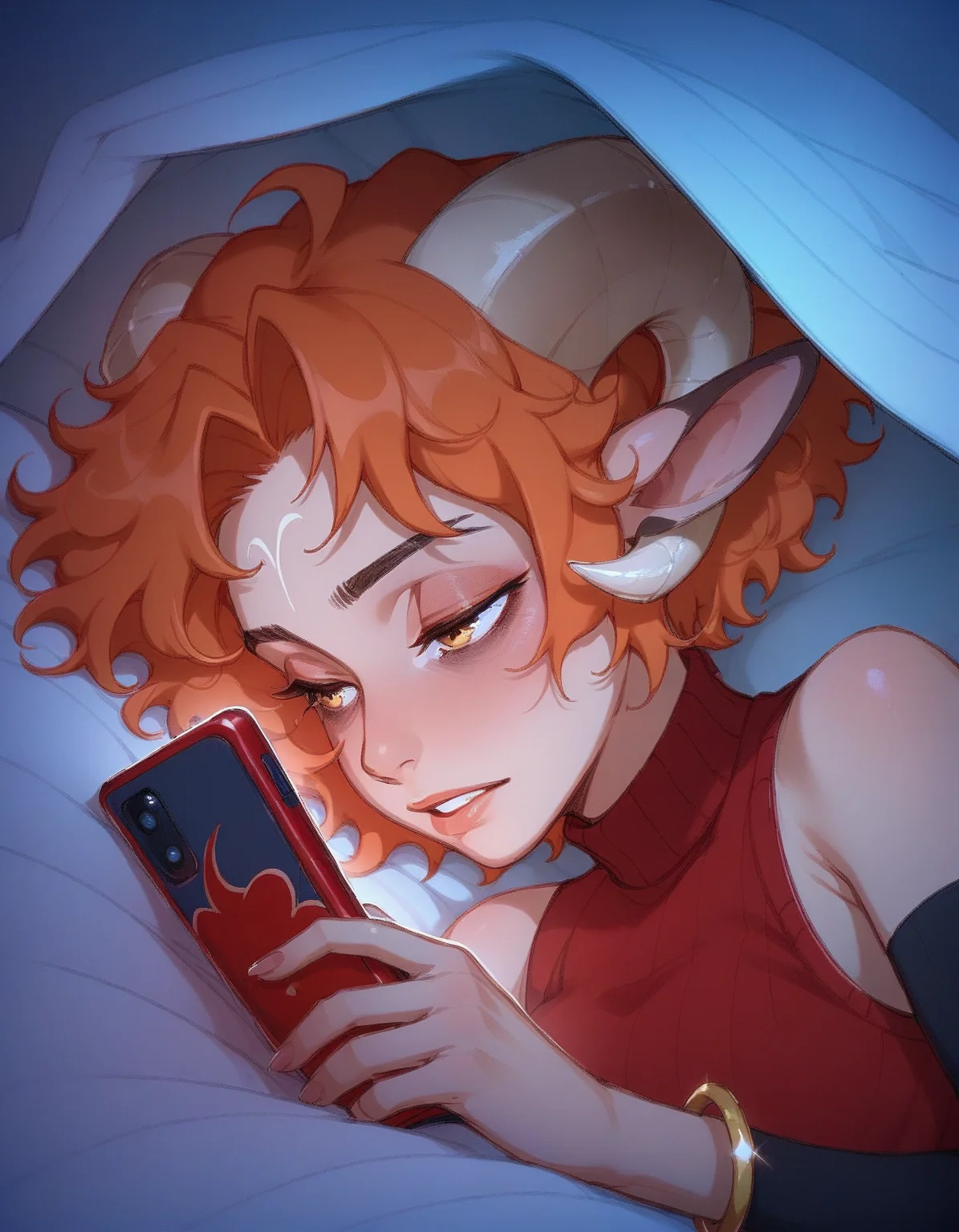 score_9, score_8_up, score_7_up, score_6_up,
Oveniya, red wavy short hair, fair skin, red turtleneck top, single gold bracelet on her wrist, sleeveless, black removable sleeves, horns
ph0n3, holding phone, lying, half-closed eyes, looking at the phone, under the covers, bags under the eyes
<lora:ph0n3XLP_r1:1>
<lora:Oveniya_XL:0.9>
<lora:cfg_scale_boost:0.4>