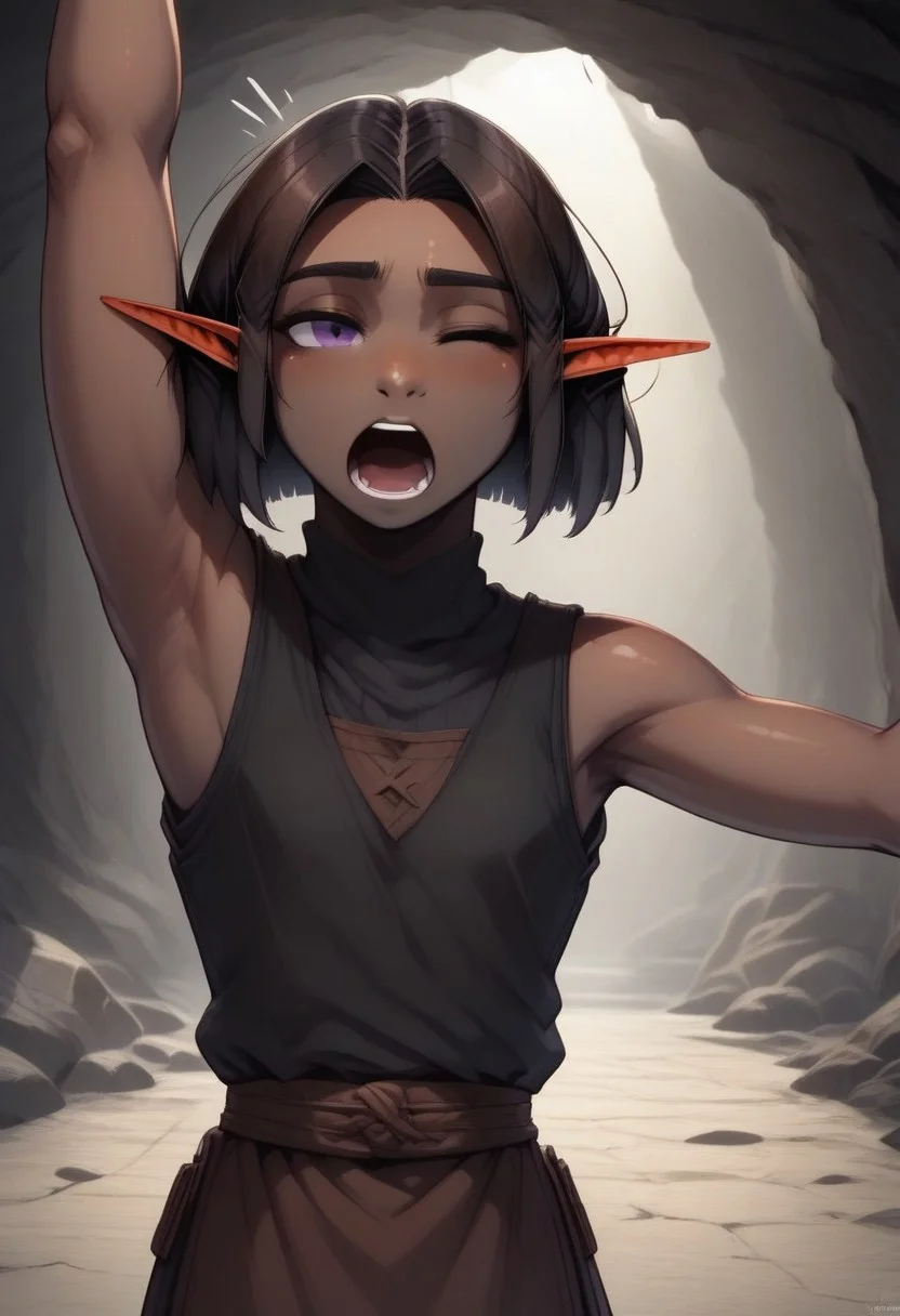 Repeta, 1 person, snout nose, solo, pointy ears, violet eyes, dark skin, dark brown hair, chin-length hair, parted hair, black sleeveless top, 3-fingers-1-thumb,
Stretching, yawning, tired, one eye closed,
organic cavern background,
Medieval style,
Bordered by rock walls, front view,
Smooth colors, highly detailed face, clean lines, high quality, best quality, masterpiece, score: 9, score: 8 up, rating: safe, source: semi-realistic,