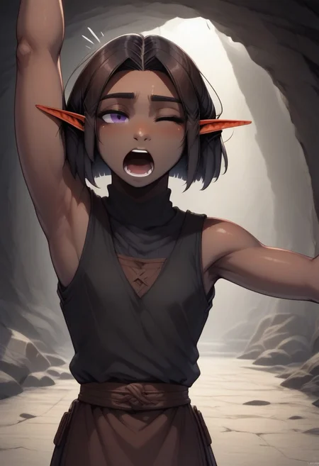 Repeta, 1 person, snout nose, solo, pointy ears, violet eyes, dark skin, dark brown hair, chin-length hair, parted hair, black sleeveless top, 3-fingers-1-thumb,
Stretching, yawning, tired, one eye closed,
organic cavern background,
Medieval style,
Bordered by rock walls, front view,
Smooth colors, highly detailed face, clean lines, high quality, best quality, masterpiece, score: 9, score: 8 up, rating: safe, source: semi-realistic,