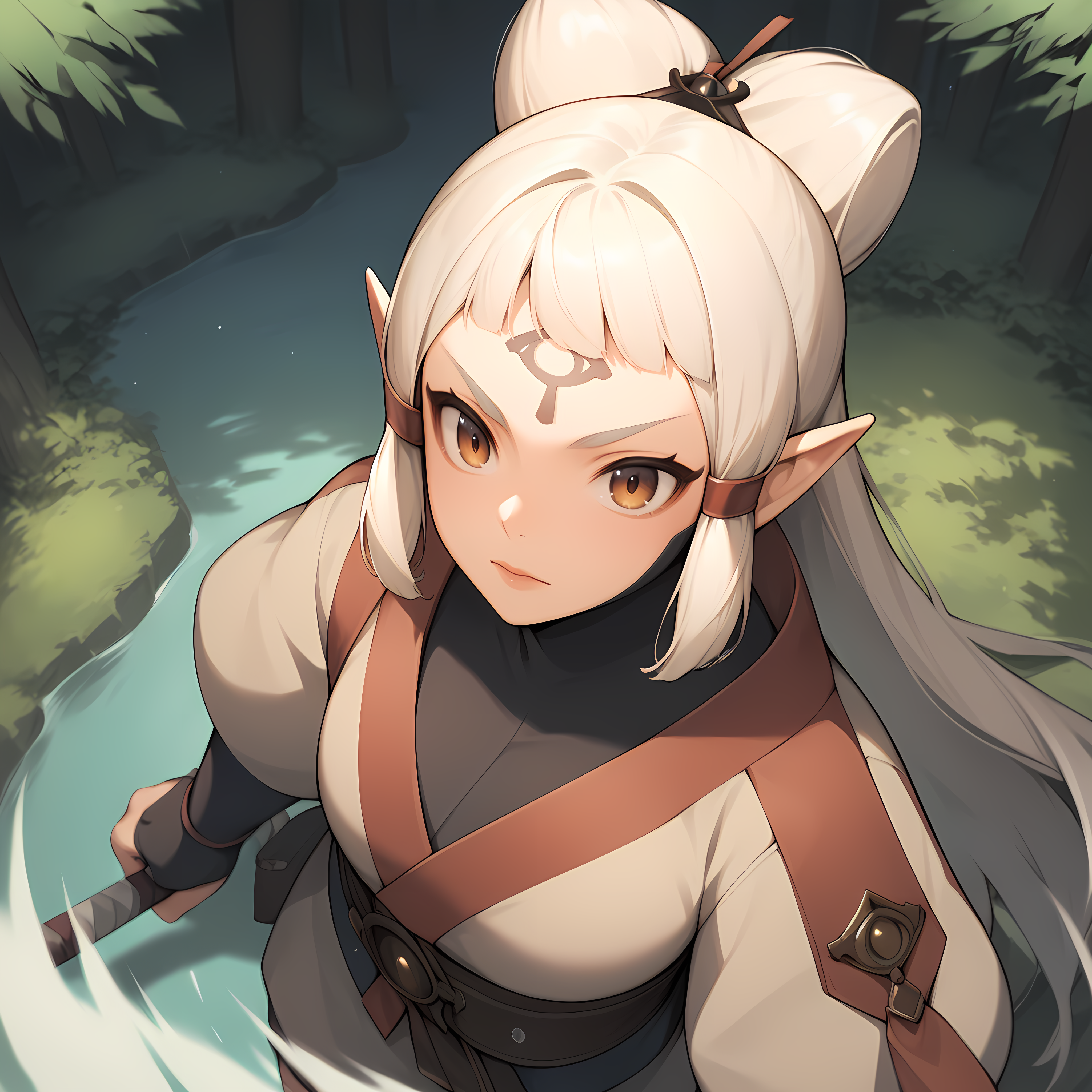 score_9,score_8_up,score_7_up,score_6_up,source_anime,rating_questionable,1girl, solo, <lora:Impa_-_LOZ:0.8>Impa_AoC, pointy ears, white hair, bangs, eye symbol, high angle, action shot, Japanese forest,, zPDXL2,