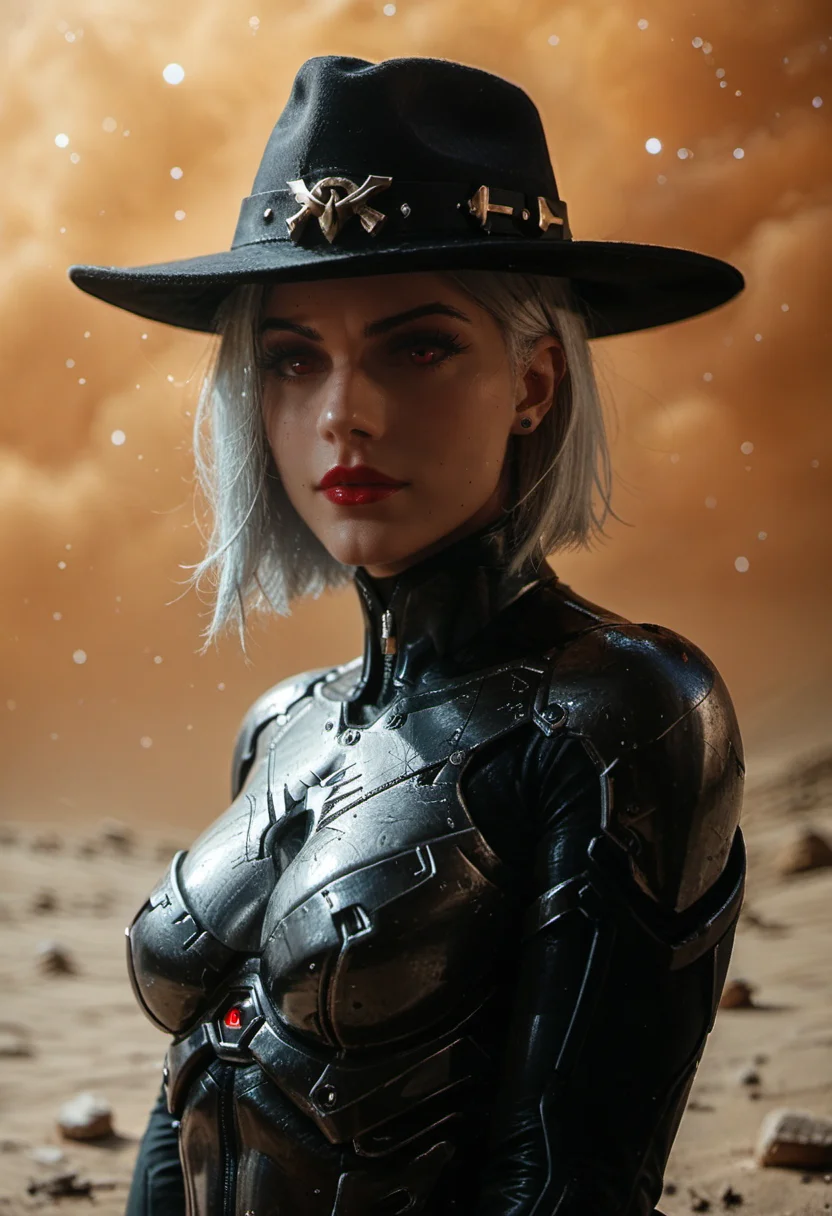 score_9, score_8_up, score_7_up, real life, analog, 1girl. (Ashe), Overwatch Ashe. Beautiful 25 y.o woman in arid shrublands at night. Red eyes with long eyelashes and strong makeup, red lips, straight silver white shoulder-length hair, subtle grin. (red eyes). Tall, fit, muscular and athletic. Wearing black fedora hat, padded leather suit and skintight leather pants and tall boots, leather belts. In desert, ((dark orange clouds)), night. stars, starry sky, <lora:MJ52:0.6>, <lora:sinfully_stylish_SDKL:0.8>, <lora:Desolation:0.8>