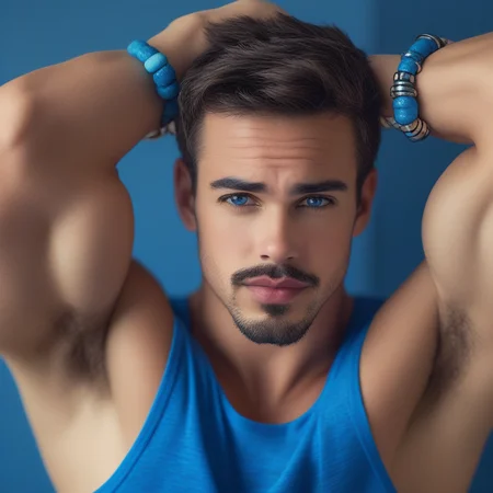 earrings, v-taper, tank top, goatee, stubble, hands behind head, blurry background, close up, bracelets, closed mouth, blue shirt, face, leg hair