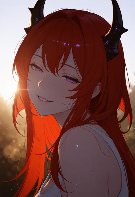 masterpiece, best quality, 1girl, solo, 5urtr, purple eyes, red hair, long hair, horns, looking at viewer, portrait, white tank top, sweat, outdoors, depth of field, smile, half-closed eyes, bokeh, bloom, backlighting, lens flare, three quarter view, from side, head tilt, parted lips, <lora:ChamSurtrNoob:1>
