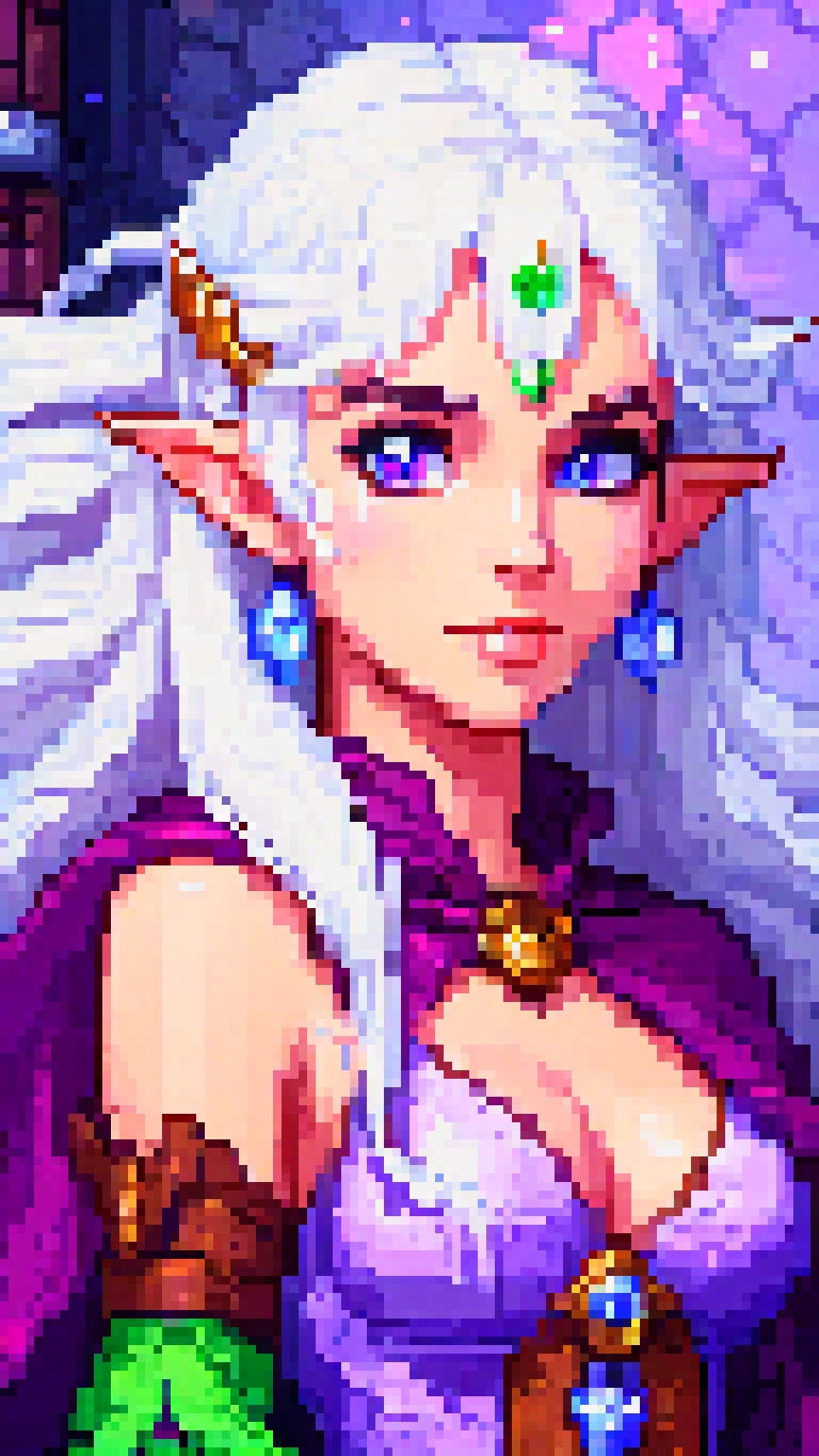 pixel art of young elf woman, a seductive wizard with long white hair and purple eyes, beauty, beautiful breasts and sexy face, cinematic film still, from Dungeons & Dragons, hot body, metal pauldron, belt, wizard robes