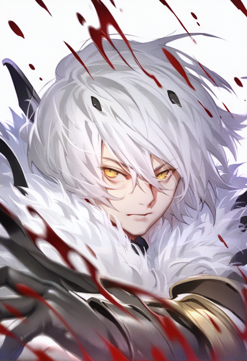 solo, yellow eyes, white hair, fur trim, 1boy, male focus, white background, looking at viewer, hair between eyes, horns, blood, simple background, closed mouth, short hair, upper body, gloves <lora:solaXL_NBVP1_lokr_V6311PZ:0.95>