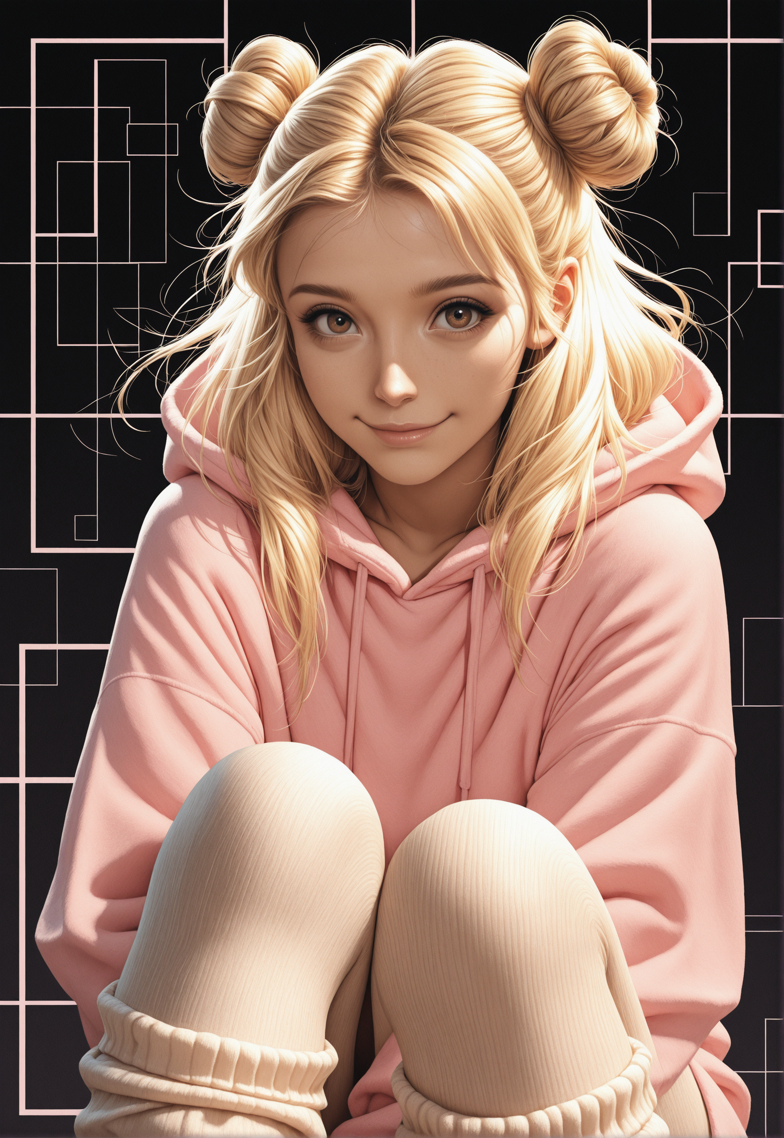 masterpiece, best quality, 1girl, woman, Bunij, blonde hair, hair buns, brown eyes, realistic body, shyly smile, wearing wool legwear,beige legwear, pink oversized hoodie, dynamic motion,
dark background, square pattern in background, dark background, pastel pink detailed background,
side shadows, deep shadows, 
<lora:Bunij:0.9>, reij-rdfg <lora:contour:0.6>