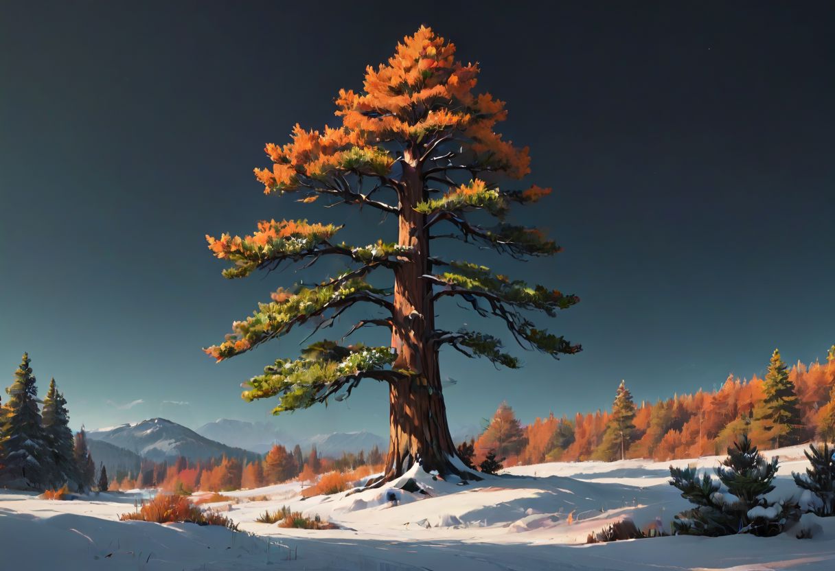 impactful color paint of A snowy landscape with a single green pine standing tall   <lora:Orange_Bloom:0.3>,    highly detailed,  vibrant colors , 8k,   sharp,  professional, clear,   high contrast, high saturated, , vivid deep blacks, crystal clear