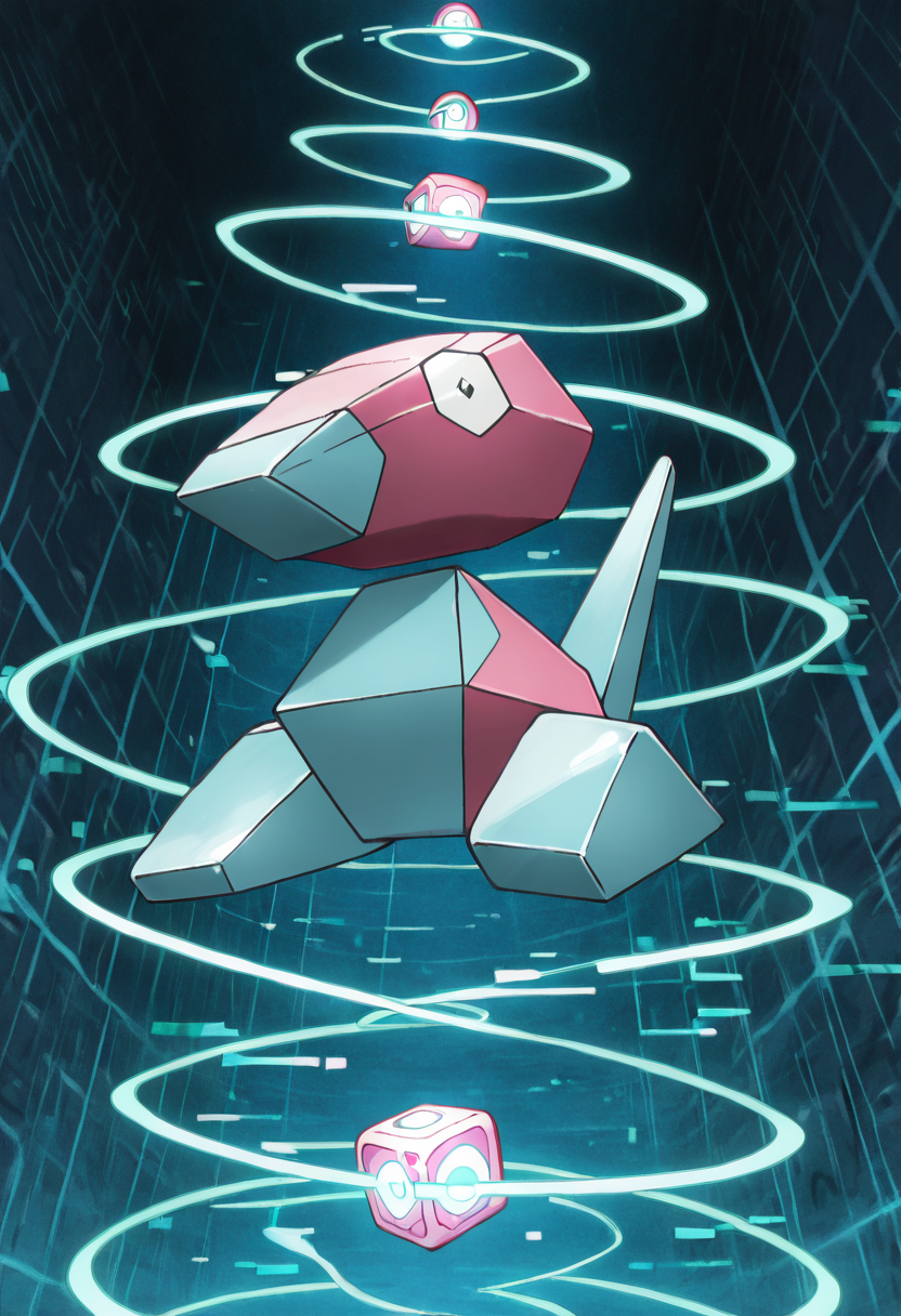 masterpiece, best quality, anime screencap, solo,   zzPorygon, suspended mid-air inside a rotating wireframe cube, digital distortion trailing behind as its form phases between dimensions.   ,<lora:PorygonPokedex_IXL:1.0>,