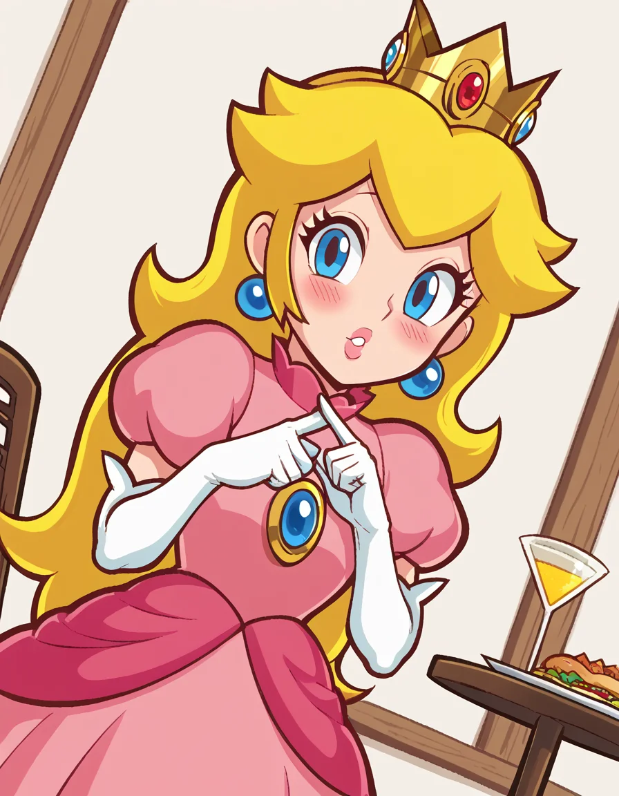 score_9, score_8_up, score_7_up, source_anime, <lora:super-princess-peach-ingame-ponyxl-lora-nochekaiser:1>, princess peach, blonde hair, blue eyes, long hair,, crown, dress, gem, gloves, pink dress, puffy short sleeves, puffy sleeves, short sleeves, white gloves,, cafeteria, tables, food trays, chairs, line, , <lora:x-fingers-ponyxl-lora-nochekaiser:1>, x fingers, blush, parted lips,, looking at viewer, solo,, dutch angle, cowboy shot