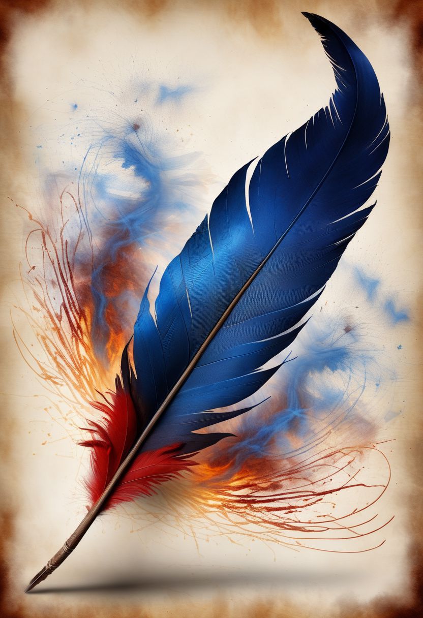 mysterious phoenix feather gliding through the air, single drop of deep blue ink dropping from the tip of the feather into a half full ink pot while an old piece of aged paper scroll with beautiful writing and burning edges is hovering in the middle of it all, lightrays backlighting glorious feather, burning paper, lightrays backlighting smoke, fading blue red background, by Minjae Lee, Carne Griffiths, Emily Kell, Steve McCurry, Geoffroy Thoorens, Aaron Horkey, Jordan Grimmer, Greg Rutkowski, amazing depth, double exposure, surreal, geometric patterns, intricately detailed, bokeh,  perfect balanced, deep fine borders, artistic photorealism , smooth,  great masterwork by Suiras  <lora:add-detail-xl:2>  <lora:Double_Exposure:0.5>