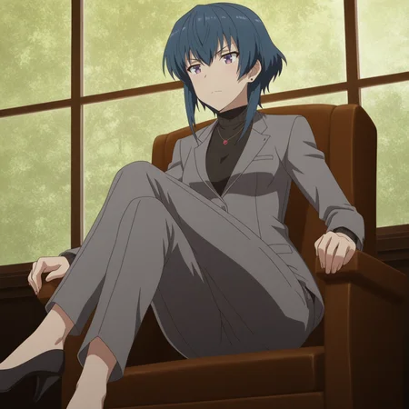Yuzuki Souraku, toji no miko style, 1girl, solo, short hair, blue hair, long sidelocks, blue eyes, two-toned eyes, purple eyes, small breasts, stud earrings, necklace, grey jacket, turtleneck sweater, suit, pants, high heels, sitting in chair, legs crossed, serious
BREAK
inside office, window, daytime
BREAK
anime screencap, anime coloring, anime colored background, detailed background, detailed face, shiny skin, shiny hair, absurdes, highres, dynamic pose, masterpiece, best quality, official art, cel shaded, graphic illustration, digital painting, CGI, very detailed, amazing quality, intricate details, dynamic pose, HDR, UHD, 8K, Fineline illustration, Highly detailed, ultra-fine painting, sharp focus, Professional, Vivid Colors <lora:add-detail-xl:1> <lora:DetailedEyes_V3:1> <lora:Toji_no_miko_character_pack_Illustrious:1>