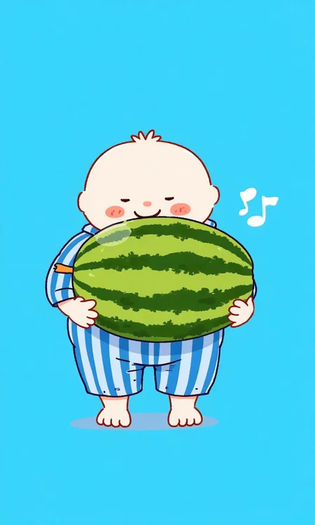 A little fat boy is holding a big watermelon, the background is blue, the little fat boy is wearing blue and white striped clothes, barefoot <lora:flux-test\flux.1_lora_flyway_simple-illustration.safetensors:1.2:1.2>