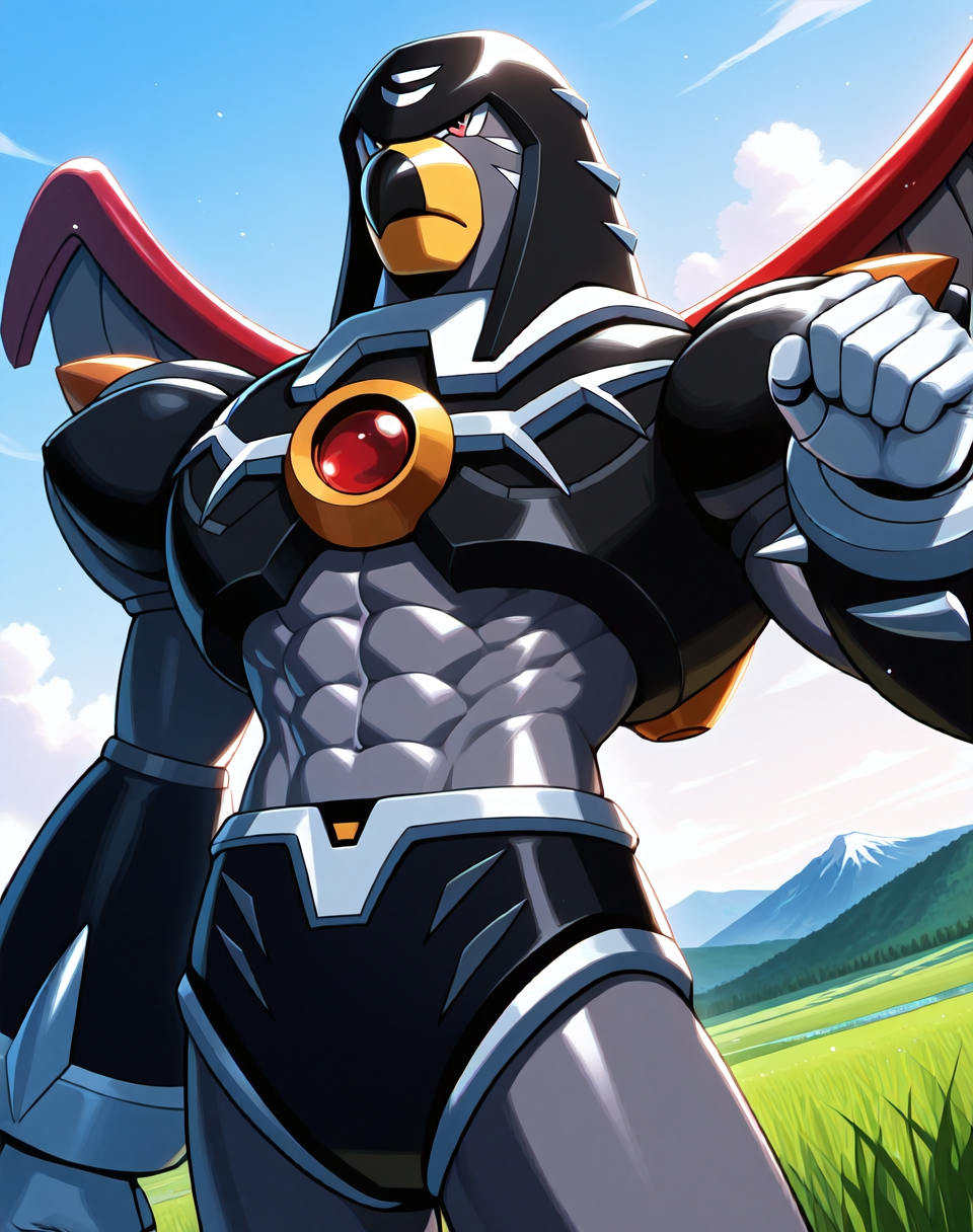 <lora:Flame_Falcon_(Mega_Man_X)_(Illustrious)_(AD):1.35> Flame Falcon, reploid, MMX, 
exterior, blue sky with clouds, mountain valley, grassy valley,
dutch angle, dynamic action, cowboy shot,
male focus, intense shadows, dynamic shadows, intricate details, attention to details, gradient coloring, robot, bright vivid colors, deep metallic colors, glossy metal body, wings, beak, abs, hyper muscular, evil villain, 
BREAK very awa, masterpiece, best quality, amazing quality, very aesthetic, highres, absurdres,
EZRealPONYXL, zPDXL, Smooth Quality, lazynsfw,