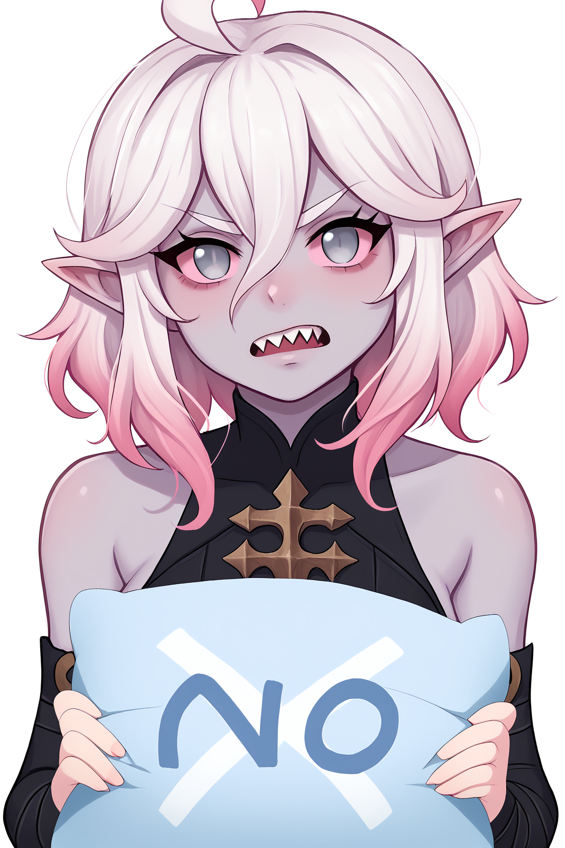 score_9, score_8_up, score_7_up, score_6_up, BREAK, BriarLoLXLv2, grey skin, colored skin, no pupils, grey eyes, pink sclera, white hair, pink hair, two-tone hair, gradient hair, short hair, hair between eyes, ahoge, pointy ears, sharp teeth, medium breasts, bare shoulders, black thight dress, detached sleeves, black bandaged sleeves, looking at viewer, angry, anger vein, white background, YesNoPillowConceptPXL, upper body, no, blue pillow, holding pillow <lora:YesNoPillowConceptPXL:0.9>  <lora:BriarLoLXLv2:0.8>