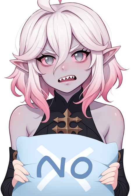 score_9, score_8_up, score_7_up, score_6_up, BREAK, BriarLoLXLv2, grey skin, colored skin, no pupils, grey eyes, pink sclera, white hair, pink hair, two-tone hair, gradient hair, short hair, hair between eyes, ahoge, pointy ears, sharp teeth, medium breasts, bare shoulders, black thight dress, detached sleeves, black bandaged sleeves, looking at viewer, angry, anger vein, white background, YesNoPillowConceptPXL, upper body, no, blue pillow, holding pillow <lora:YesNoPillowConceptPXL:0.9> <lora:BriarLoLXLv2:0.8>