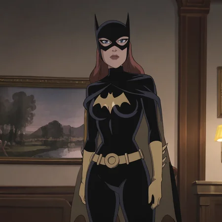 <lora:batgirlkillingjoke_pony_v1:1>batgirlkillingjoke, 1girl, domino mask, black bodysuit, belt, yellow gloves, medium breasts, cape, superhero, cleavage, blue eyes, long hair, lipstick, cowboy shot