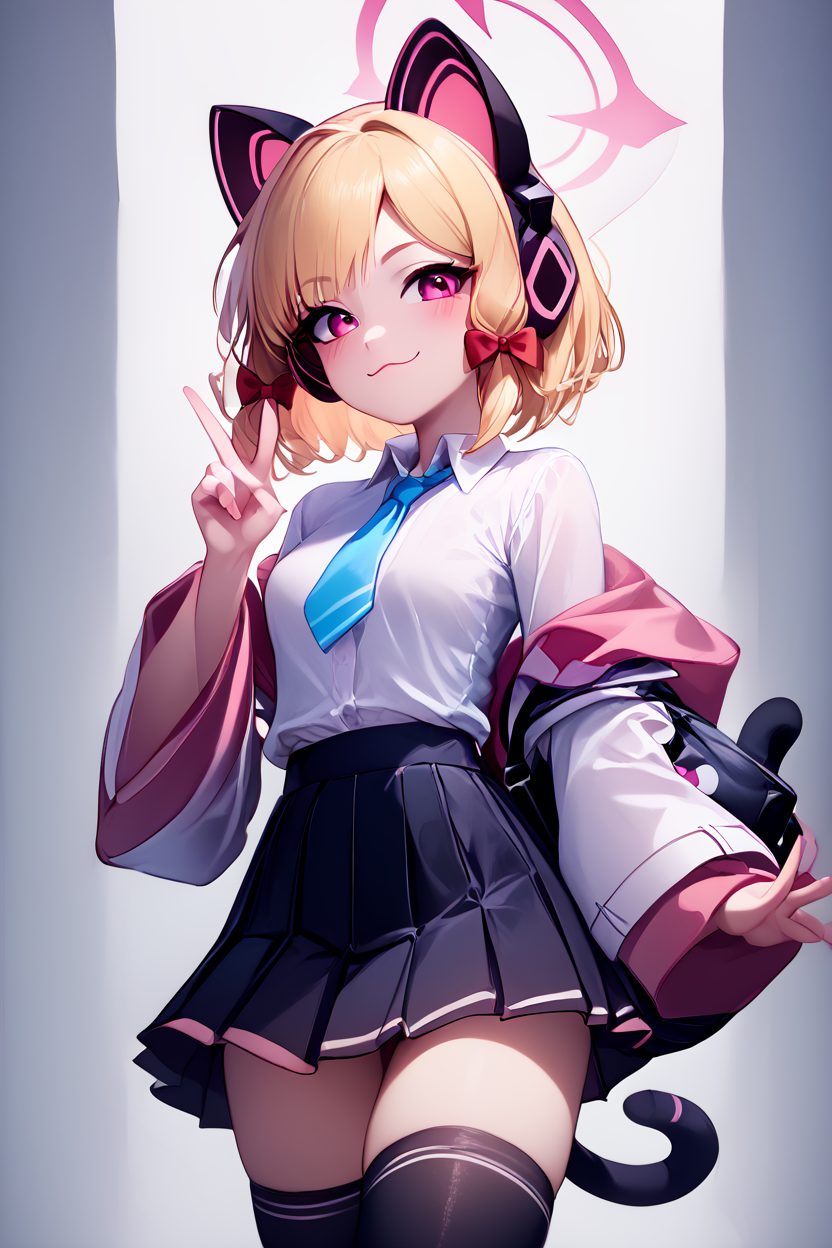 score_9, score_8_up, score_8, medium breasts, (curvy), cute, eyelashes,       BREAK, , ,,, zzMomoi, blonde hair, animal ears, fake animal ears, animal ear headphones, headphones, short hair, bow, halo, cat ear headphones, hair bow, red bow, pink eyes, pink halo, tail, cat tail, red eyes, collared shirt, long sleeves, pleated skirt,  white shirt, black skirt, blue necktie, white jacket, wide sleeves, black thighhighs, suspender skirt ,<lora:Momoi_BlueArchive_PDXL:0.8>,    ,,,, BREAK, closed mouth, alternate costume, smile, looking at viewer, collared shirt, blush, sweater, black skirt, eyelashes, long sleeves, sleeves past wrists, plaid skirt, shoulder bag, black bag, blurry, tile floor, pleated skirt, white shirt, cowboy shot, ,,, embedding:zPDXL, Expressiveh, ,,, <lora:Vivid:0.7>, <lora:LFashionPDXL:1>, <lora:Uncensored_PonyXL_cpt_v02.09:0.4>, <lora:Expressive_H-000001:0.4>,