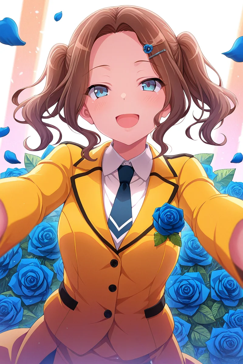 masterpiece, best quality, amazing quality,
<lora:Hisame_IL:1> hisame, 1girl, brown hair, solo, flower, smile, hair ornament, blue flower, open mouth, blue eyes, hairclip, looking at viewer, necktie, petals, twintails, blue rose, :d, rose, jacket