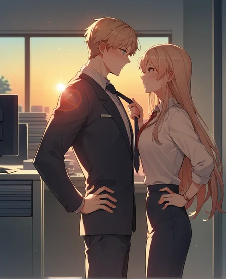 score_9, score_8_up, score_7_up, source_anime
1girl, long hair, 1boy, hetero,  necktie grab, neckwear grab, standing,    from side, indoors, office, office,  formal, height difference, looking at another, blush, hand on  hip, lens flare,  sunset, closed mouth, <lora:necktie_grab_v1:0.85>