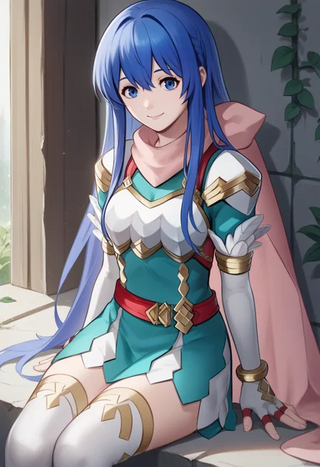 score_9, score_8_up, score_7_up, source_anime BREAK 1girl, solo, <lora:caeda-fe-richy-v1_pdxl:1> caedarsp, blue eyes, blue hair, long hair, bangs, pink scarf, shoulder armor, chestpiece, teal dress, white gloves, elbow gloves, fingerless gloves, bracelet, multiple belts, red belt, pink cape, white thighhighs, white boots, feather trim, smile, looking at viewer, sitting