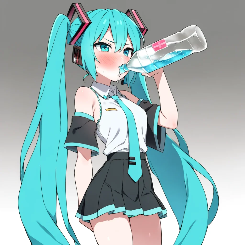 <lora:xl_katyusha_chug(kohaku_delta)-000014:1>,drinking,solo,bottle,blush,hatsune miku,, masterpiece, best quality,