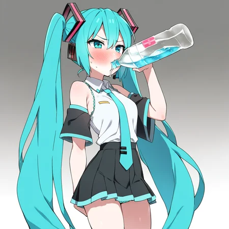 <lora:xl_katyusha_chug(kohaku_delta)-000014:1>,drinking,solo,bottle,blush,hatsune miku,, masterpiece, best quality,
