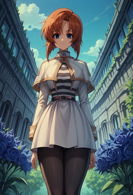 score_9, score_8_up, score_7_up, anime screencap, anime coloring, indoors ,source_anime, beautiful girl, 8k, detailed, best quality, masterpiece,1girl, solo, smile, ((flying, fly, floating hair)), rena ryuuguu, (((orange hair))), brown hair, bob cut, short hair, blue eyes, medium breasts, thick thighs, (((((height 143 cm))))), outdoor, blue flowers, frieren cosplay, frieren (cosplay), shirt, long sleeves, jewelry, pantyhose, earrings, striped, black pantyhose, capelet, striped shirt, skirt, white skirt,