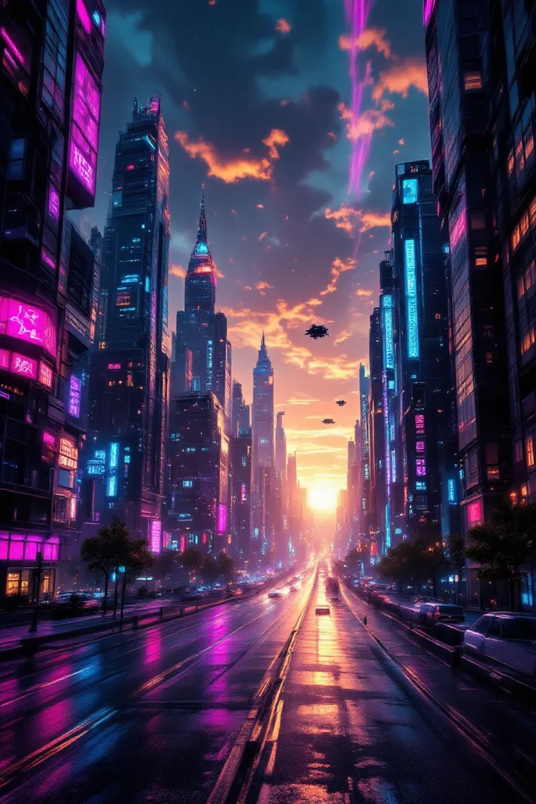 Spooky Art Drawing. "A highly detailed 3D render of a futuristic cityscape at sunset, viewed from a high vantage point, creating a strong sense of depth and perspective. The scene features towering skyscrapers with reflective glass surfaces, neon lights glowing in vibrant colors (pink, cyan, purple), and flying vehicles zipping through the air. The foreground includes a wide road leading into the distance, with realistic shadows and reflections on the wet pavement, enhancing the 3D effect. The background showcases a distant horizon with a gradient sky transitioning from orange to deep blue, with soft clouds adding atmospheric depth. Cinematic lighting with volumetric rays of sunlight breaking through the buildings, casting long dramatic shadows. Ultra-realistic details, 8k resolution, photorealistic style.",aidmafluxpro1.1
