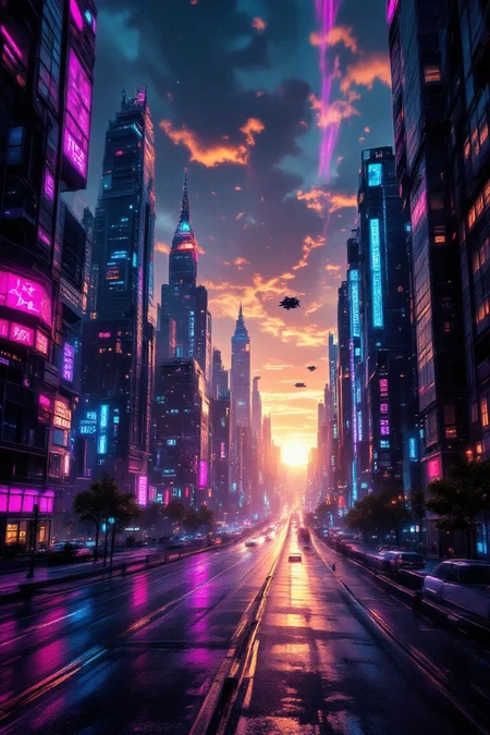 Spooky Art Drawing. "A highly detailed 3D render of a futuristic cityscape at sunset, viewed from a high vantage point, creating a strong sense of depth and perspective. The scene features towering skyscrapers with reflective glass surfaces, neon lights glowing in vibrant colors (pink, cyan, purple), and flying vehicles zipping through the air. The foreground includes a wide road leading into the distance, with realistic shadows and reflections on the wet pavement, enhancing the 3D effect. The background showcases a distant horizon with a gradient sky transitioning from orange to deep blue, with soft clouds adding atmospheric depth. Cinematic lighting with volumetric rays of sunlight breaking through the buildings, casting long dramatic shadows. Ultra-realistic details, 8k resolution, photorealistic style.",aidmafluxpro1.1