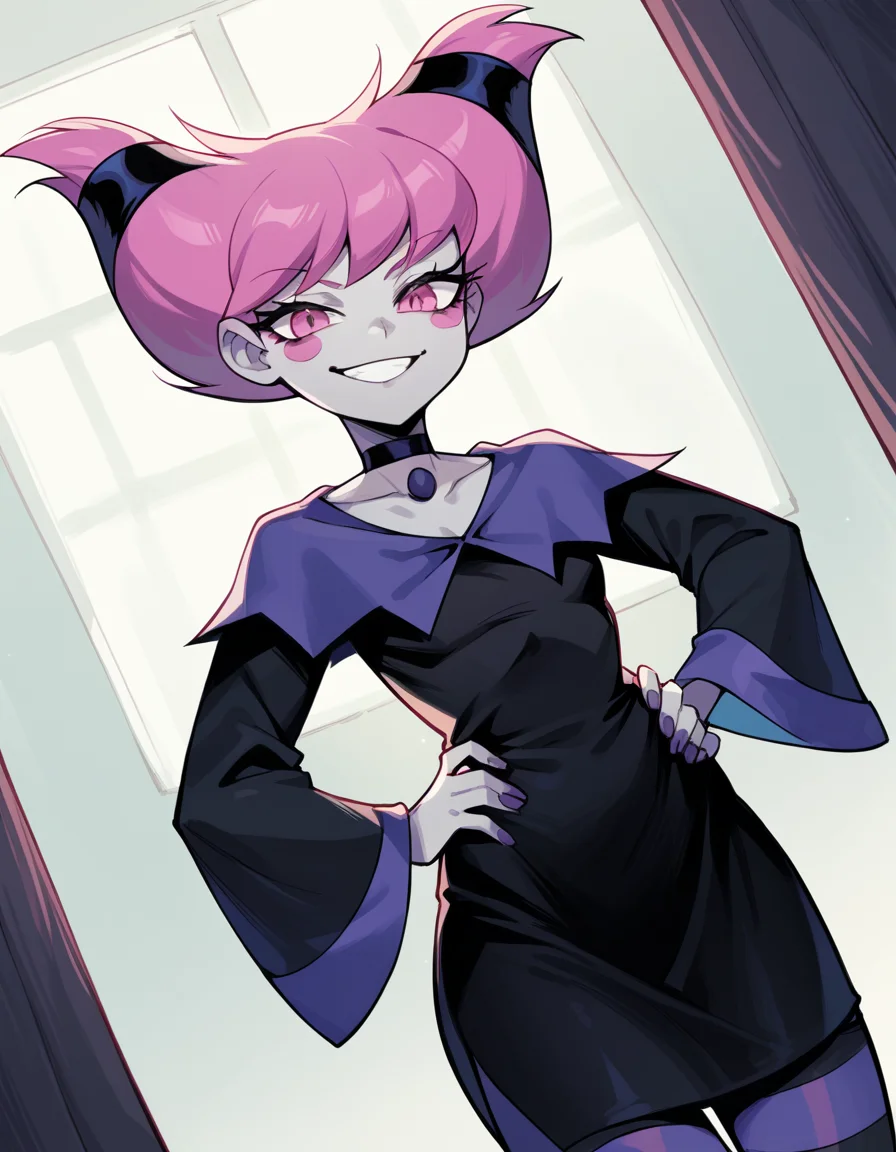 score_9, score_8_up, score_7_up, source_anime, <lora:jinx-dc-ponyxl-lora-nochekaiser_r1:1>, jinx, jinx (dc), colored skin, grey skin, hair horns, pink eyes, pink hair,, choker, long sleeves, pantyhose, striped clothes, striped pantyhose, black dress, wide sleeves, collarbone,, indoors, smug, smile, looking at viewer, solo, hands on hips,, cowboy shot, dutch angle