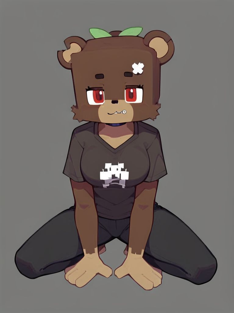 minecraft, score_9_up, score_8_up, furry female, bia, cube_head, square_zipper_mouth, teddy bear, solo, red eyes, carpenter jeans, performance t-shirt, messenger bag ,, crouching, from below, looking at viewer, blue and red background gradient, <lora:y-Bia_SlipperyT:0.8>, ((art by Enigi09))