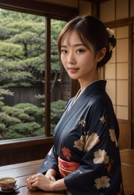 From frontal below :1.3,(dark background:1.3),(sitting behind wood table:1.631),(restaurant at ryokan:1.2),(Japanese tea cups and sukiyaki on table:1.63),(beautiful real texture :1),smile face:1,(royal),10k,(real skin texture:1),high resolution,(one 32 years old elegant Japanese woman wearing in colored long kimono:1.2), (looking at garden :1.4),exquisite face:1,(163cm tall:1),(fine wrinkle :1.),(detailed innocent girls face:1.), NegfeetV2,(symmetrical),(small single chignon:1), ((one side )breast out:1.4)