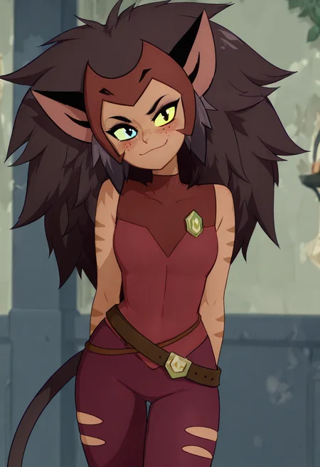 masterpiece, best quality, solo, curvy, beautiful eyes, zzCatra, green eyes, yellow eyes, multicolored hair, cat girl, furry, big hair, brown hair, long hair, animal ears, cat ears, heterochromia, colored sclera, yellow sclera, dark skin, freckles, blue eyes, sleeveless, belt, torn clothes, tail, black hair, pants, , <lora:CatraShera_IXL:1.0>, , smile, looking at viewer, cowboy shot, leaning forward, hands behind back, smug, head tilt, ,<lora:MantisNAI:0.8>,