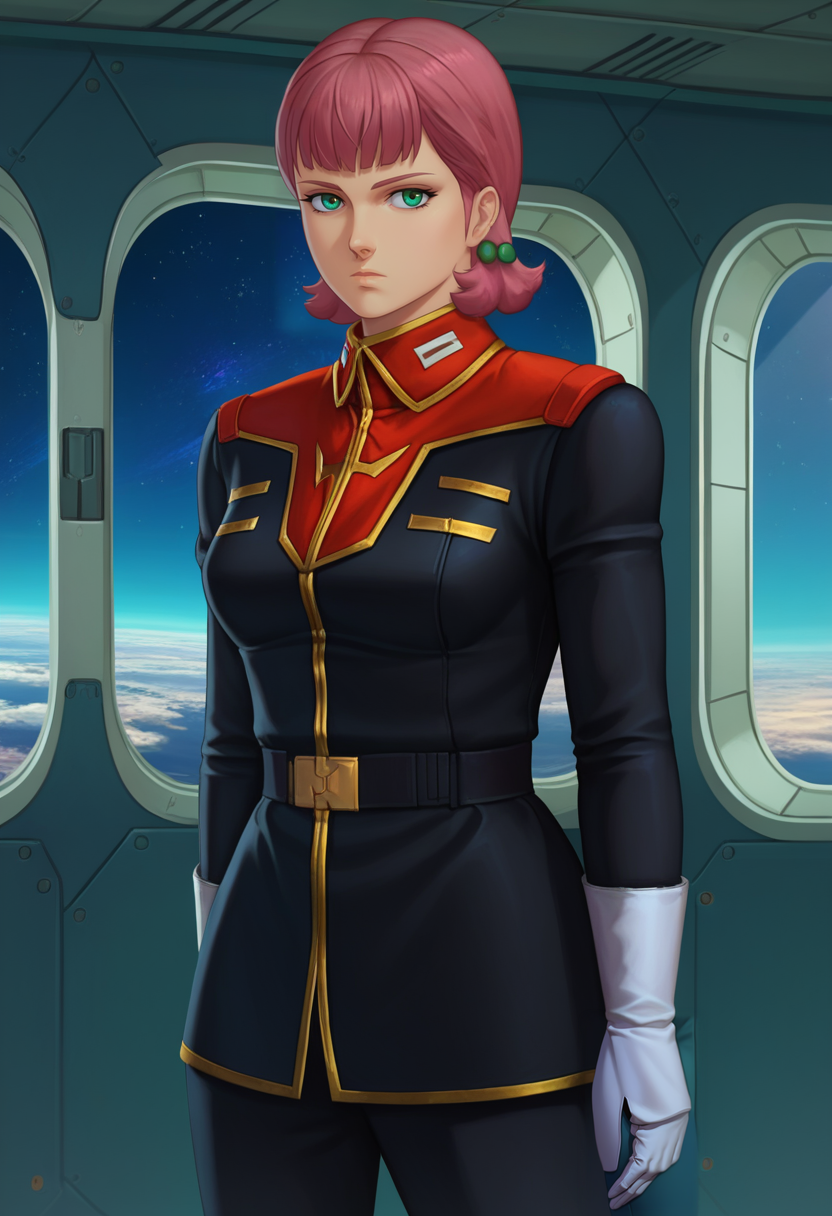 score_9, score_8_up, score_7_up, source_anime, 1girl, solo, breasts, SarahZab1ar0v, hair bobbles, TitanOutfit, science fiction, space, indoors, looking at viewer, window, arms at sides, expressionless, <lora:Sarah Zabiarov - MSGZ-000010:1>, cowboy shot, masterpiece, best quality, zPDXL2