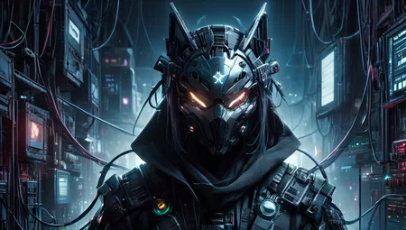 Techwear fashion (((Ultra-detailed, Hyper-realistic, 8k, highres, masterpiece))),(full length highly detailed intricate cyborg demonic-skeletal) (extremely tattered cloak),((highly detailed intricate tech body,vibrant colours,decaying parts, Intricate exposed wiring, exposed wires,exposed circuitry,electric glow)),((highly detailed cyber-skeletal head,signs of decay,exposed wiring, exposed wires,exposed circuitry,electric glowing eyes)),(((random pose))),in a highly detailed Labratory background with Test tubes,holographic screens,covered in pulsing electricity,cyber setting,cinematic,realistic,science fiction,dark colours,background light,<lora:add-detail-xl:1>,<lora:X:0.8>,<lora:cyberpunk:0.8>,tooimage,cyberpunk,futuristic city,<lora:Cyberpunk Kit By Cyberscap:0.8>, robot,cyberpunk,1girl, . Futuristic, cyberpunk, urban, tactical, sleek, dark, highly detailed