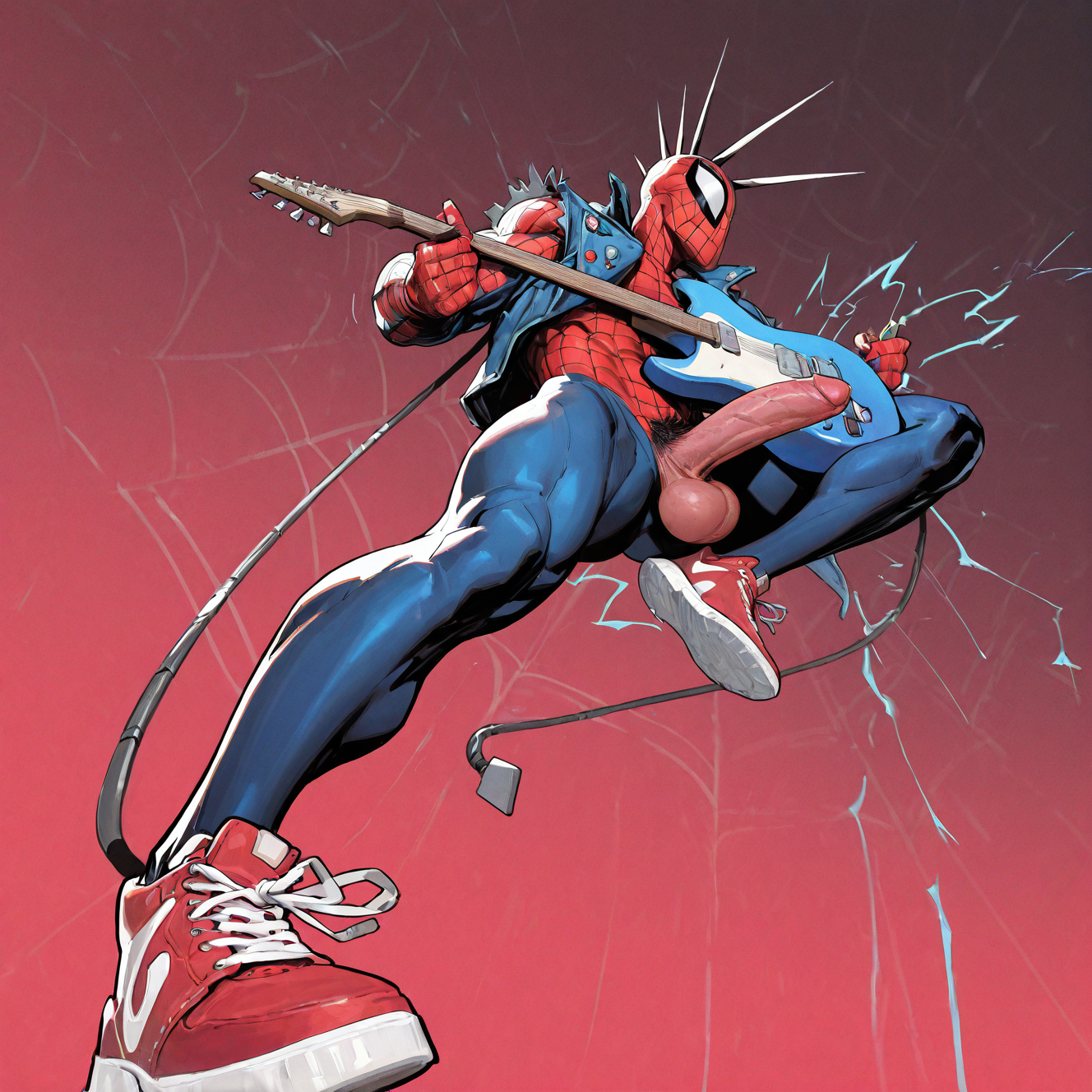 <lora:SPIDERPUNK:1>spiderpunk, solo, 1boy, holding, jacket, male focus, open clothes, shoes, open jacket, muscular, mask, bodysuit, muscular male, blue jacket, denim, sneakers, instrument, jumping, music, guitar, electricity, cable, holding instrument, kicking, playing instrument, pubic hair, nude, hard penis, testicles, cumming, electric guitar, superhero, \m/, red bodysuit, blue bodysuit, lightning, midair, silk, spider web, spider web print, cover image, plectrum, two-tone bodysuit, western comics (style), holding plectrum, detailed background, motion blur, film grain, abstract, natural lighting, fantasy, cinematic, dynamic view, very awa, masterpiece, best quality, absurdres, newest, perfect quality, detailed background, intricate details, (artist:fl \(l-fl\):0.7), (artist:tooboshoo:0.7), (artist:dizdoodz:0.8)