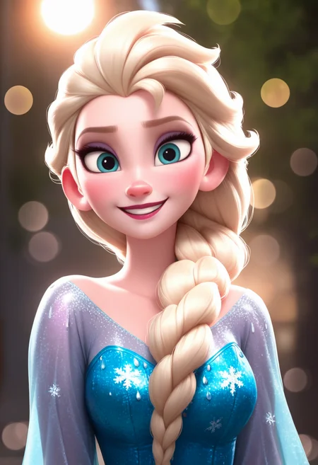 masterpiece, best quality, absurdes,  professional, 4k, highly detailed, 1girl, solo,
.35mm photograph, film, bokeh, cinematic photo casual,
<lora:All Disney Princess from Ralph Breaks the Internet (Illust):0.9>
Princess Elsa, blonde,
mature female, smile,
blurry background, detailed background,
<lora:Detailer_NoobAI_Incrs_v1:0.4> detailed,