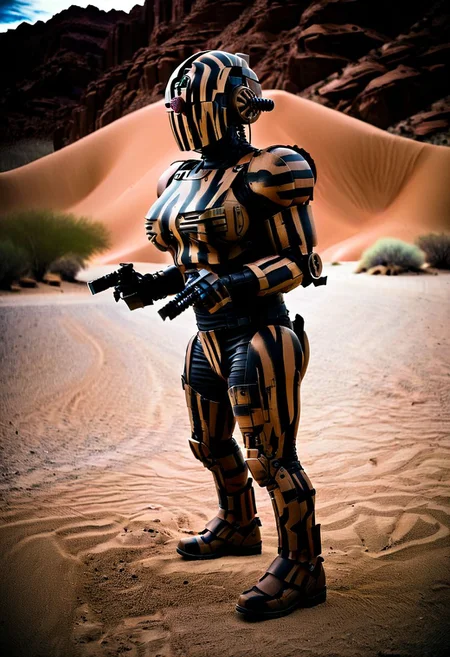 easynegative, extremely detailed, dark, chiaroscuro, low-key, AssaultronCosplay, zavy-strps, ral-camo, a brown assaultron robot, ((the assaultron has black stripes painted on its armor)), ((tiger stripe pattern)), in the deserts of Arizona