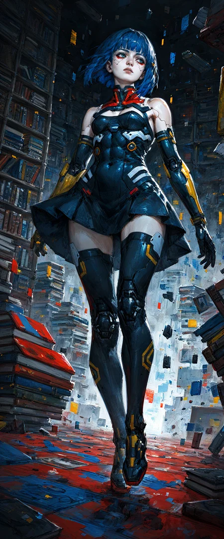 score_9, score_8_up, score_7_up, score_6_up, source_anime, tktrad, motherland_chronicles, tkstyle, dark theme, traditional media, dutch angle, dynamic pose, amile, looking to the side, cyborg, cyberpunk, glitch aesthetic, digital library, messy room, best quality, masterpiece, amazing quality, best aesthetic, absurdres, <lora:tkstyle_pony-9-000023:1>