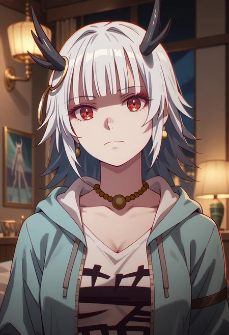 score_9,score_8_up,score_7_up,source_anime, OUROBOROS,1girl,solo,shirt,hair ornament,closed mouth,jewelry,jacket,collarbone,white shirt,upper body,earrings,open clothes,horns,indoors,hood,blunt bangs,necklace,hoodie,hair intakes,hood down,parody,meme,chromatic aberration,bead necklace,