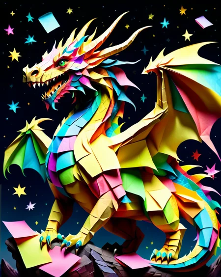 a massive colorful dragon with fine scales made out of Jed-StickyN, dynamic pose, dynamic angle, dark fantasy, epic, intricate details, ultra wide shot, zoomed out, side view,
<lora:StickyNotesStyle:1>, <lora:add-detail-xl:0.7>, <lora:sd_xl_dpo_lora_v1:1>, <lora:xl_more_art-full_v1:0.3>, set against a background of a starry sky,