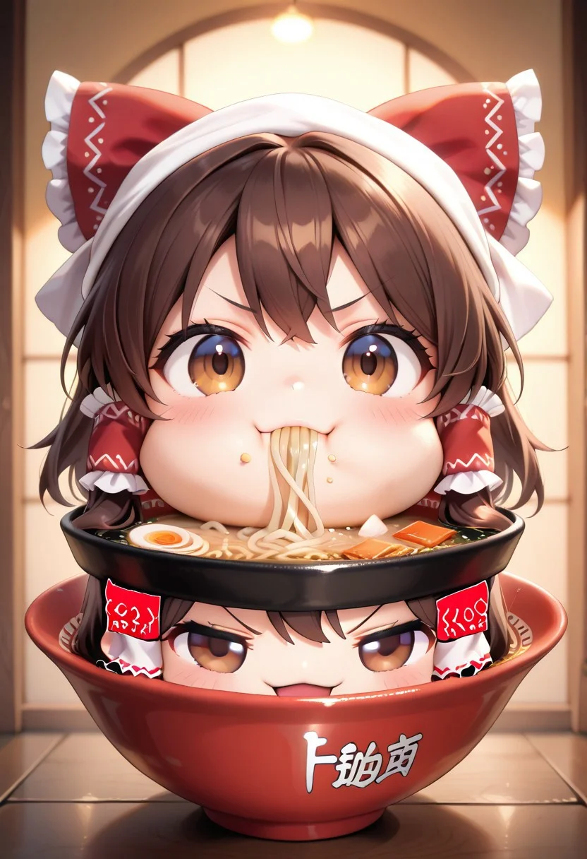 ((yukkuri shiteitte ne, hakurei reimu made of ral-smlvltnpl, head only, head in bowl, )) blush, ramen bowl, brown eyes, brown hair, closed mouth, eating ramen, frilled hair tubes, looking at viewer, red bow, solo, towel on head, v-shaped eyebrows, Japanese food backgrou, cute, warm colors, masterpiece, best quality, good quality, newest, highres, absurdres, very aesthetic, close-up view, warm lighting, red and yellow theme, delicious,