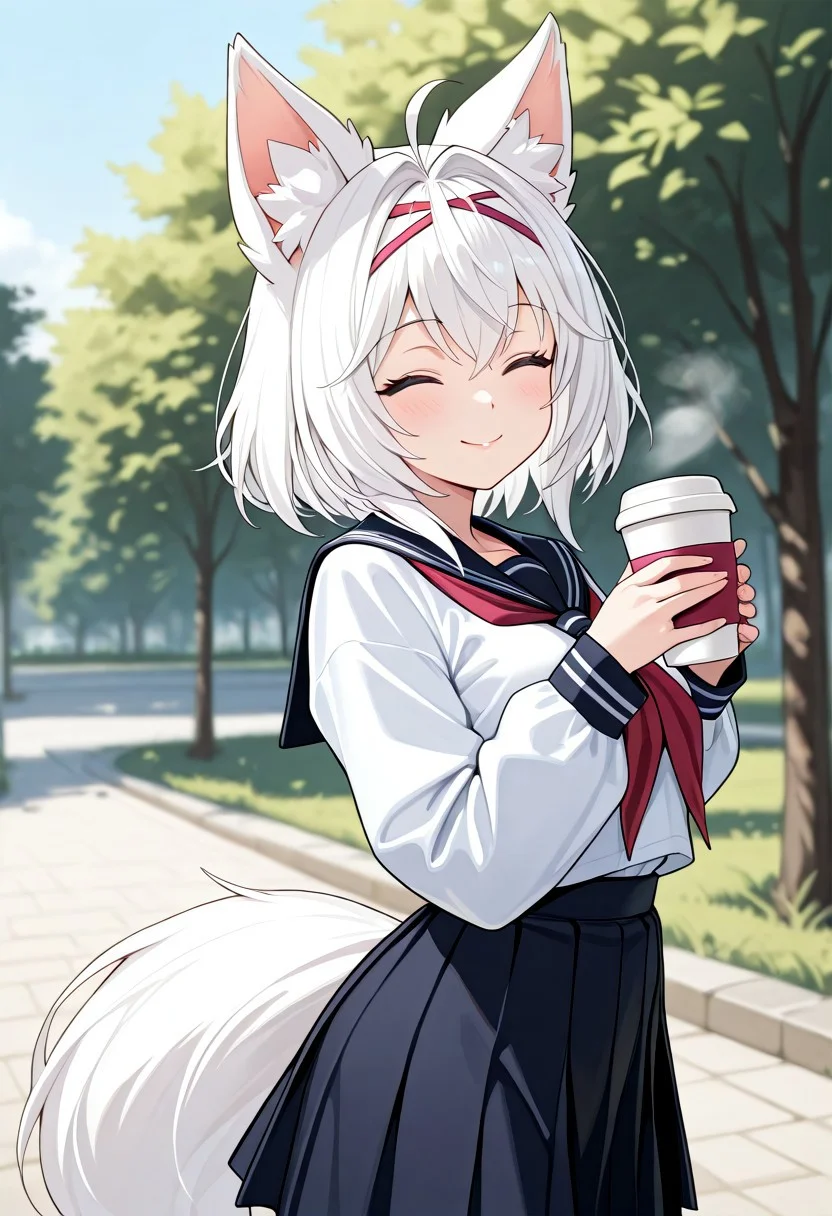 solo, woman, filian, white hair, fox ears, school uniform, tail, smile, close eyes, standing pose, holding a cup, outdoor, high quality, best quality, masterpiece, 4k resolution, anime
