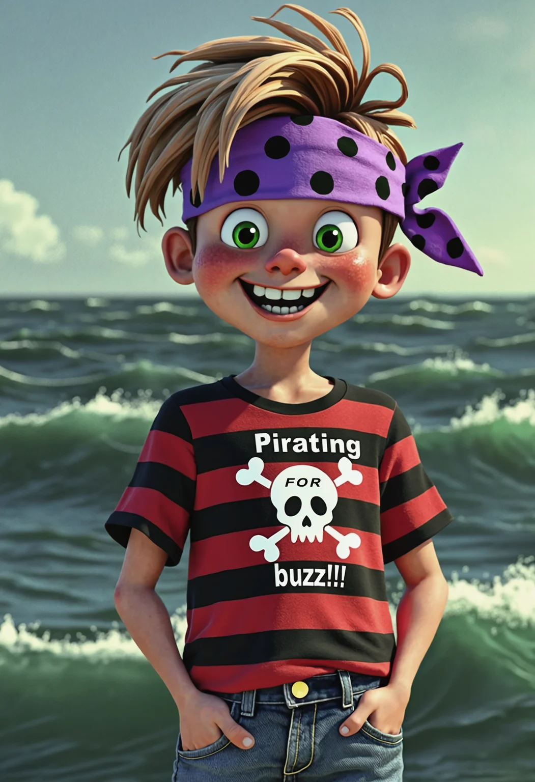 (masterpiece, best quality, high-res, 4k textures, ultra detailed:1.25), 
A screenshot from old animated soviet film scene of a cheerful boy with light brown hair and green eyes. He wears a red and black striped t-shirt with a white skull "Pirating for buzzzz!!!" crossbones design and purple bandana with black polka dots. The background is dark green sea waves. His hands are in his jeans pockets, and he has a wide, toothy grin. The image is highly detailed, with a slightly cartoonish, yet realistic style.